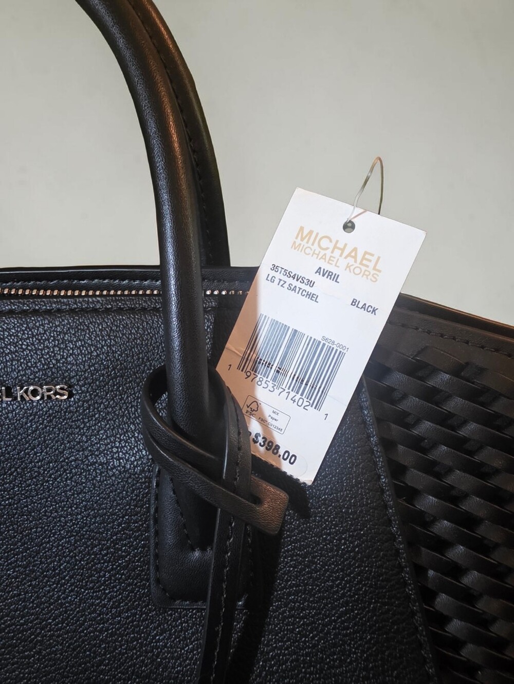 Nwt Michael Kors Black Leather Woven-Panel Satche AVRIL  LG . - Picture 3 of 10
